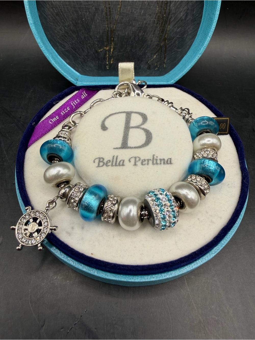 Bella Perlina Nautical Cruise Charm Bracelet Blue Silver Ship Wheel NIB